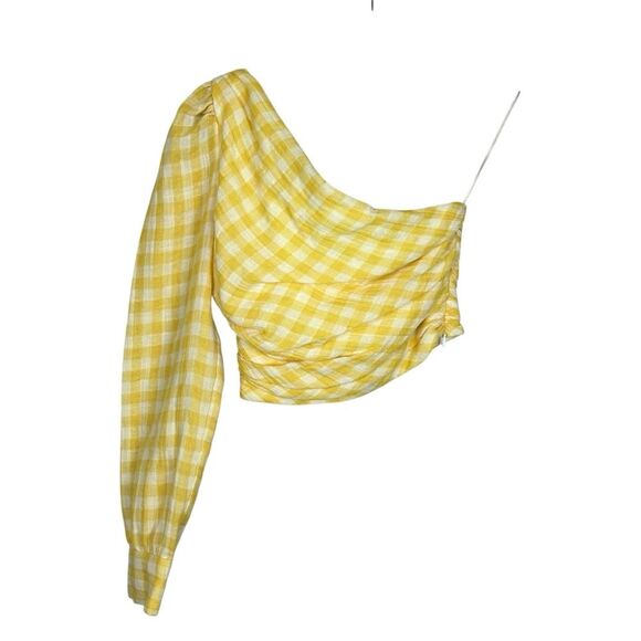 ZARA Yellow Checkered Gingham One Shoulder Blouse Size Small - Picture 2 of 7